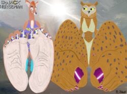 annoyed artist_signature avian barefoot beak bojack_horseman bra brown_fur cervid charlotte_moore cleavage colored_nails deer detailed_background duo ear_tufts feet female female_only foot_fetish foot_focus freckles hi_res humanoid_feet leotard mature_female mr._ultimate_(artist) nail_polish navel orange_hair owl panties soles spotted_body toes underwear wanda_pierce