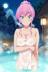 ass ass_focus blue_eyes blush breasts fuufu_ijou_koibito_miman hot_spring looking_at_viewer nude nude_female pink_hair towel towel_only watanabe_akari