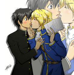 2boys artist_request belt black_hair blonde_hair blue_jacket blush chin_grab couple eyebrows_visible_through_hair gay hair imminent_kiss jacket kyo_kara_maou kyou_kara_maou kyou_kara_maou! male multiple_males open_mouth school_uniform shibuya_yuuri short_hair simple_background white_background wolfram_von_bielefeld yaoi yuri_shibuya zoom_layer