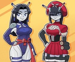 android android_girl antennae arm_gloves ass beepo_(chunkymoon) big_ass big_breasts black_hair blue_choker blue_clothing blue_earrings blue_eyes breasts earrings eyelashes female female_robot hair_down hat huge_breasts huge_breasts huge_hips long_hair metallic_body red_clothing red_hat red_skirt robot robot_girl robot_humanoid robot_joints skirt synthetic synthetic_body thick_ass thick_butt thick_thighs voluptuous voluptuous_female wavy_hair wide_hips