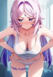 ai_generated bending_forward blush breast_focus breasts_visible_through_shirt citlali_(genshin_impact) daytime genshin_impact hands_on_hips pink_hair raaicave saggy_breasts shoulders white_crop_top white_panties