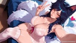 ahri_(league_of_legends) ai_generated animal_ears balecxi black_hair cleavage collarbone facial_mark female fox_ears fox_tail heart hooters large_breasts league_of_legends long_hair looking_at_viewer multiple_tails patreon_username selfie sitting solo thighs underwear v white_thighhighs yellow_eyes