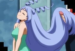 1girls ai_generated blue_hair boku_no_hero_academia female hairjob happy long_hair my_hero_academia nejire_hado novelai very_long_hair