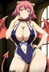 ai_generated arisato_yu bikini cleavage curvy_figure demon demon_girl huge_breasts kyonyuu_fantasy licking_lips looking_at_viewer nipples_visible_through_bikini seductive_smile shamsiel_shahar succubus succubus_horns succubus_tail succubus_wings tongue_out