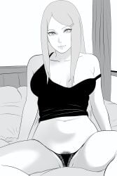 1girls ai_generated bare_legs bare_midriff bare_shoulders bare_thighs barefoot bed bedroom big_breasts blush breasts cleavage collarbone curtains facing_viewer female front_view indoors lickliking light-skinned_female light_skin long_hair mature mature_female midriff milf monochrome mother naruto naruto_(series) naruto_shippuden no_bra on_bed open_mouth open_smile pale-skinned_female pale_skin panties pinup pubes pubic_hair pubic_hair_peek shiny shiny_hair shiny_skin sitting sitting_on_bed smile spread_legs strap_slip sunlight tank_top thick_thighs thighs underwear underwear_only uzumaki_kushina very_long_hair