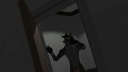 absurd_res anthro apple_inc. bleatandtweet canid canine canis cellphone clothing electronics epic_games fingerless_gloves fortnite gloves handwear hat headgear headwear hi_res holding_object holding_phone in_doorway iphone male mammal nude open_mouth phone smartphone solo standing surprised_expression wendell_(fortnite) wide_eyed wolf