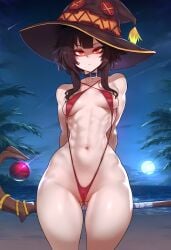 1girls abs ai_generated bare_arms bare_legs bare_shoulders bare_thighs big_breasts bikini blush clothed clothing color female female_focus female_only fit_female hi_res kono_subarashii_sekai_ni_shukufuku_wo! konosuba large_breasts light-skinned_female light_skin looking_at_viewer luckypathai megumin muscles muscular muscular_female sling_bikini solo solo_female thick_thighs