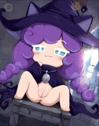 1girls ai_generated blue_eyes cat_ears chair cloak_only cookie_run cookie_run_witch's_castle female no_panties purple_hair pussy pussy_focus smug solo witchberry_cookie