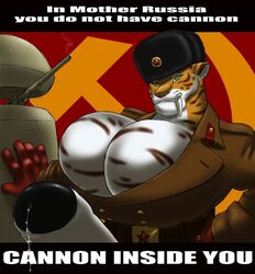 1girls anthromorph army cum dripping feline furry futanari gideon gigantic_breasts gigantic_penis gloves gun hat intersex meme penis ranged_weapon sabertooth smirnov solo soviet suit text tiger uncensored ushanka weapon