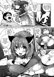 animal_ears ass big_breasts black_hair blush breasts cat_ears catgirl collar comic doumou english_text feline female forced greyscale hair heat human humanoid_penis licking male masturbation monochrome nipples open_mouth paizuri penis pussy_juice scared smile text tongue underboob undressing vein