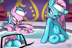 2013 aloe_(mlp) anus ass blue_eyes blue_fur blue_hair breasts crotchboob crotchboobs cutie_mark duo earth_pony equine female female_only friendship_is_magic fur hair headband horse killryde licking licking_lips looking_back lotus_blossom multiple_females my_little_pony nipples pink_fur pink_hair pony pussy sibling sisters tongue twins water