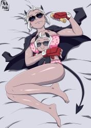 artist_name bedroom commission cute demon demon_girl demon_horns demon_tail food gauntlets gloves helltaker inside jacket justice_(helltaker) laying_on_back laying_on_bed legs medium_breasts on_bed pancake partially_clothed pink_bra pink_panties plushie robertarts seductive seductive_look seductive_pose seductive_smile smile sunglasses thighs tinted_eyewear white_hair