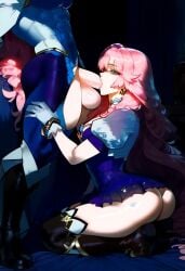 ai_generated big_ass big_penis civitai league_of_legends mr_cheese121 on_knees pink_hair seraphine_(league_of_legends) sucking sucking_penis sucking_tip thigh_grab white_gloves