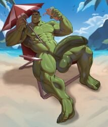 1boy abs balls bara beach big_balls big_pecs big_penis completely_nude erect_penis erection full_body green_body green_skin hulk hulk_(marvel_rivals) hulk_(series) luiixury_art male male_focus male_only marvel marvel_comics marvel_rivals muscular muscular_male nipples nude nude_male pecs solo solo_male spread_legs veiny_penis