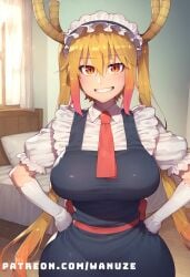 ai_generated big_ass big_breasts big_butt big_thighs blonde_hair blush dragon_maid horn huge_ass huge_breasts huge_butt huge_thighs maid maid_headdress maid_uniform miss_kobayashi's_dragon_maid orange_eyes tohru_(dragon_maid) wanuze wide_hips