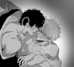 2boys a_mkilo bite_mark bite_marks breath gintama gintoki_sakata hickey hickey_marks hijikata_toshiro implied_anal implied_sex kimono looking_at_another male male_only monochrome no_visible_genitalia saliva_trail sweat wrist_grab yaoi