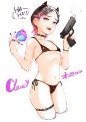 bikini black_hair choker clove_(valorant) green_eyes gun nonbinary painted_nails pistol purple_nails rings short_hair small_breasts solo two_tone_hair valorant very_short_hair