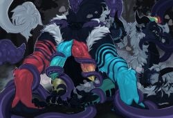 2_penises animal_genitalia anus ass ass_up black_anus black_body black_claws black_fur black_horn black_pawpads blue_body blue_fur blue_knot blue_penis bodily_fluids claws diphallia diphallism dragon erection feral fur furred_dragon furred_scalie genital_fluids genital_slit genitals hi_res horn imminent_anal knot looking_at_viewer male mane markings multi_genitalia multi_penis mythological_creature mythological_scalie mythology pawpads penis perineum precum raised_tail red_body red_fur red_knot red_penis scalie solo spread_anus spreading tail tentacle white_mane white_markings yellow_penis zhulya_(artist)