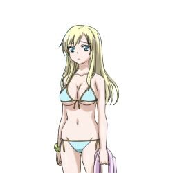 1girls big_breasts bikini blonde_hair blue_bikini blue_eyes boku_wa_tomodachi_ga_sukunai breasts busty cleavage female female_only front-tie_bikini_top front-tie_top highres kashiwazaki_sena legs long_hair navel sena_kashiwazaki side-tie_bikini_bottom solo swimsuit thighs towel underboob voluptuous worried