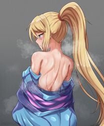 ass back_muscles baggy_clothes baggy_clothing blonde_female blonde_hair blue_eyes bodysuit canadiananiguy digital_art open_clothes ponytail samus_aran steam steaming_body sweat sweatdrop sweating sweaty sweaty_body undressing unzipped_zero_suit zero_suit zero_suit_samus