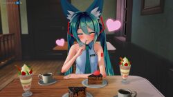 3d animal_ears aqua_hair blush cafe cake cat_mouth closed_eyes cute cute_face eating female flat_chest flyingcookie fox_ears fox_girl happy hatsune_miku heart koikatsu long_hair twintails vocaloid