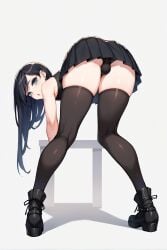 1boy ai_generated bent_over black_hair blue_eyes boots bulge bulge_through_clothing crop_top femboy from_behind goth male_focus male_only skirt solo thighhighs