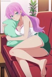 ai_generated blue_eyes blush breasts couch fuufu_ijou_koibito_miman green_shorts looking_at_viewer on_the_couch pink_hair watanabe_akari white_tank_top