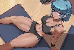 1girls abs ai_generated bare_arms bare_legs bare_shoulders bare_thighs blue_hair color female fit_female gym gym_clothes gym_shorts hi_res keroro_gunsou light-skinned_female light_skin looking_at_viewer luckypathai momoka_nishizawa muscles muscular muscular_female purple_eyes short_hair thick_thighs