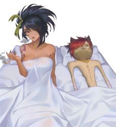 1boy 1girls after_sex akali alcoholicadete arm_wraps bed bedsheets big_breasts black_hair brown_eyes covered_nipples exhausted female guy_tired_after_sex_(meme) hair_accessory hetero jewelry kiseru kunoichi large_breasts league_of_legends meme mexico_alien ninja painted_nails pillow ponytail red_hair riot_games sett smoking smoking_pipe straight tattoo tattooed_arm