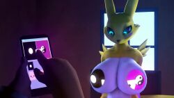 16:9 2020 3d_(artwork) 3d_animation animated anthro artificial_intelligence bandai_namco big_breasts black_sclera blue_eyes blush breast_jiggle breast_squeeze breast_squish breasts canid canine casual_nudity cellphone digimon digimon_(species) digital_creature digital_media_(artwork) disembodied_hand duo electronics embarrassed female fur glowing glowing_eyes holding_breast huge_breasts human jiggling lethal_league looking_at_viewer mammal mostly_offscreen_character nipples nude phone playing_with_self renamon short_playtime smartphone solo_focus sound sound_edit squeezing squish tagme third-party_edit undertale undertale_(series) uwotinfokm8 video video widescreen window yellow_body yellow_fur