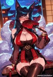ahri ahri_(league_of_legends) ai_generated animal_ears balecxi bare_shoulders black_hair blush breasts cleavage crossed_legs detached_sleeves dress facial_mark female fox_ears fox_girl fox_tail hand_fan heart hooters large_breasts league_of_legends long_hair looking_at_viewer moon multi_tail patreon_username see-through sitting solo thighhighs thighs whisker_markings yellow_eyes