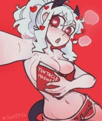 artist_request book_on_breasts demon demon_girl demon_horns helltaker modeus_(helltaker) red_eyes tagme white_hair