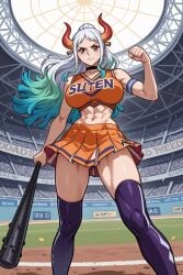 1girls abs ai_generated baseball_bat breasts cheerleader choker clothing female female_only large_breasts mexkwigo muscular_female one_piece skirt solo thighhighs yamato_(one_piece)