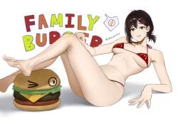 1girls 2d artist_name barefoot bikini black_eyes black_hair blush bra burger chainsaw_man collarbone embarrassed embarrassed_female feet female female_only food full_body hair_ornament hairclip heavenmole hi_res higashiyama_kobeni highres kobeni_higashiyama laying laying_down mcdonald's medium_breasts mole mole_under_mouth pale-skinned_female pale_skin short_hair simple_background slim_waist small_bra soles solo solo_female sweat sweatdrop sweating text thighs tied_hair toes white_background