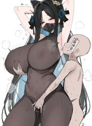 1boy armpits arms_up azur_lane bald bangs black_bodysuit black_flower black_hair blue_flower blue_rose blush bodystocking bodysuit breast_grab breasts colored_inner_hair covered_navel covered_nipples earrings faceless faceless_male female fingering flower grabbing hai_chou_(azur_lane) hair_flower hair_ornament heart huge_breasts jewelry licking long_hair mask mole mole_under_eye multicolored_hair nude official_alternate_costume orange_eyes parted_bangs pussy_juice rose see-through simple_background skin_tight steaming_body straight sweat thighs tongue tongue_out two-tone_hair veil very_long_hair white_background