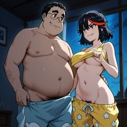 ai_generated black_hair blue_eyes brown_eyes brown_hair erection fat_man glasses kill_la_kill looking_at_another man mankanshoku_barazou matoi_ryuuko old_man older_male pubic_hair shirt_up shorts smirk strip_tease ugly_bastard underboob woman