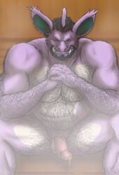 anthrofied beard cum eighty_stevedore_nido facial_hair fangs green_eyes hairy male male_only muscles nidoking nintendo penis pokemon pokemon_(species) precum sauna solo steam unknown_artist video_games