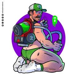 1boy arm_hair ass blue_eyes brown_hair clothing daddy facial_hair full_body gay green_hat green_slime green_underwear hairy_arms hairy_legs hat leg_hair light-skinned_male light_skin looking_at_viewer luigi luigi's_mansion male male_only mammal mario_(series) mature mature_male mature_man mostly_nude nintendo open_mouth randyslashtoons slime socks solo solo_male underwear vaccum white_socks