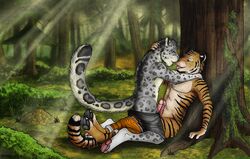 2boys anthro ass clothes clothing feet feline forest frottage furry gay huge_cock kissing leopard male male_only mindark nude outdoors paws penis shorts snow_leopard tail text tiger topless tree watermark xanoxis