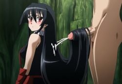 ai_generated akame_(akame_ga_kill!) akame_ga_kill! black_hair clothed_female_nude_male cum_in_hair cumshot hairjob novelai very_long_hair