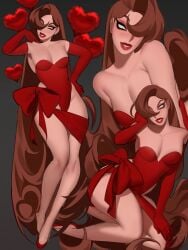 1boy artist_request bodysuit brown_hair brown_hair_male brunette_hair eros_(krow07) femboy feminine_male heels high_heels krow07 light-skinned_male light_skin lipstick long_hair male no_pupils original original_character really_long_hair red_bodysuit red_lipstick solo solo_male thick_thighs thighs white_eyes