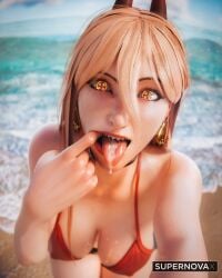 1girls 3d after_sex bikini chainsaw_man cum cum_in_mouth cum_on_tongue female horns power_(chainsaw_man) solo supernovax tongue tongue_out