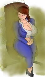 big_breasts breasts_bigger_than_head enjoying_farting fart fart_cloud fart_fetish high_heels jovanboyart office_clothing office_lady red_eyes red_hair thick_thighs unbuttoned_shirt voluptuous voluptuous_female wide_hips