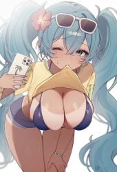 alternate_breast_size aqua_eyes aqua_hair bare_legs bikini bikini_tan blue_bikini blue_shorts bracelet brazilian_miku breasts clothes_lift cowboy_shot dark-skinned_female dark_skin earrings eyewear_on_head female flower glasses hair_between_eyes hair_flower hair_ornament hand_on_own_thigh hatsune_miku highres holding jewelry large_breasts looking_at_viewer miyuchiq mouth_hold one_eye_closed shirt shirt_lift short_shorts shorts sunglasses sweatdrop swimsuit tan tanline tanline_peek twintails vocaloid white-framed_eyewear yellow_shirt