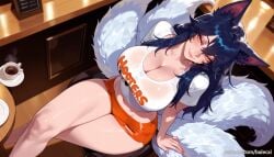 ahri ahri_(league_of_legends) ai_generated animal_ears balecxi black_hair cleavage closed_mouth coffee crop_top cropped_shirt crossed_legs cup facial_mark female fox_ears fox_girl fox_tail from_above hair_between_eyes hooters large_breasts league_of_legends long_hair looking_at_viewer midriff multiple_tails navel orange_shorts short_shorts short_sleeves sitting smile solo thighs whisker_markings white_shirt yellow_eyes