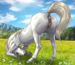 2024 animal_genitalia animal_pussy animal_vulva anus ass_up blue_sky brown_eyes clitoris dated equid equine equine_anus equine_genitalia equine_pussy equine_vulva female female_feral feral gaping gaping_vagina genitals grass hi_res horse looking_at_viewer mammal mane mountain mouth_closed outside plant pussy rufciu signature sky solo tail tan_mane tan_tail teats tree vulva white_body