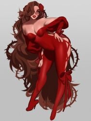 1boy artist_request bodysuit brown_hair brown_hair_male brunette_hair eros_(krow07) femboy femboy_only feminine_male heel_boots high_heels krow07 light-skinned_male light_skin lipstick long_hair male no_pupils original original_character really_long_hair red_bodysuit red_lipstick solo solo_male thorns white_eyes