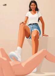 ai_assisted ballbusting brown_eyes brown_hair cbt clothed_female clothed_female_nude_male cock_and_ball_torture cum ejaculation femdom footjob footjob_with_legwear footjob_with_one_foot indian indian_female jean_shorts laughing motion_blur nike nike_shoes nude_male shoejob sitting_footjob sitting_shoejob sneakers stepping_on_balls stepping_on_penis white_male white_shirt white_shoes white_sneakers white_socks