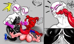1girls 2boys clothed female gwen_stacy gwen_stacy_(spider-verse) male marvel minster peter_porker pig pig_penis spider-gwen spider-man_(series) tagme tight_clothing tight_suit unusual_anatomy unusual_genitalia wet_pussy