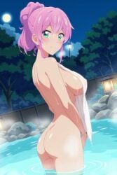 ass ass_focus blue_eyes blush breasts fuufu_ijou_koibito_miman hot_spring looking_at_viewer nude nude_female pink_hair towel towel_only watanabe_akari